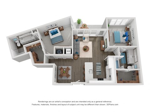 Floor plan for 2 beds, 2 baths, 1253 sqft
